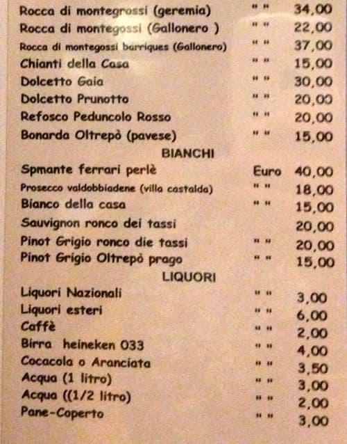 Menu de Osteria la Carbonaia carne