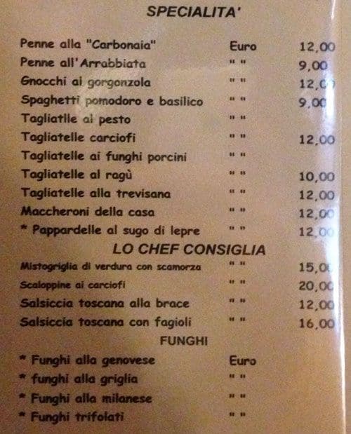 Menu de Osteria la Carbonaia carne