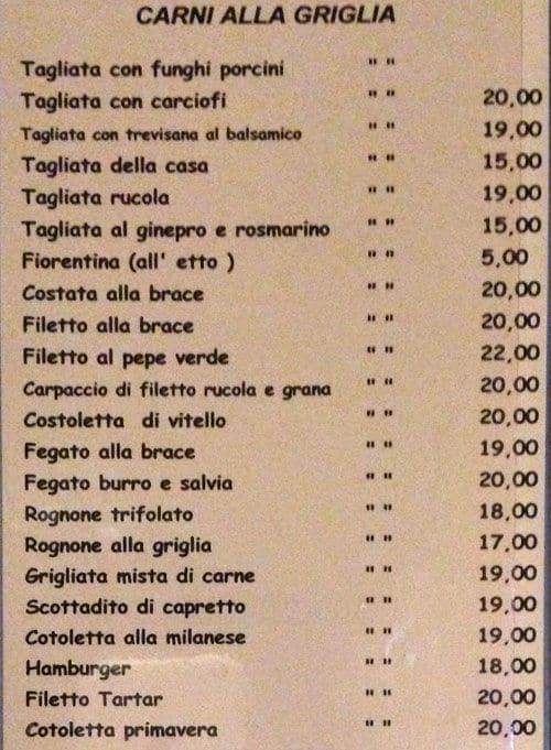 Menu de Osteria la Carbonaia carne