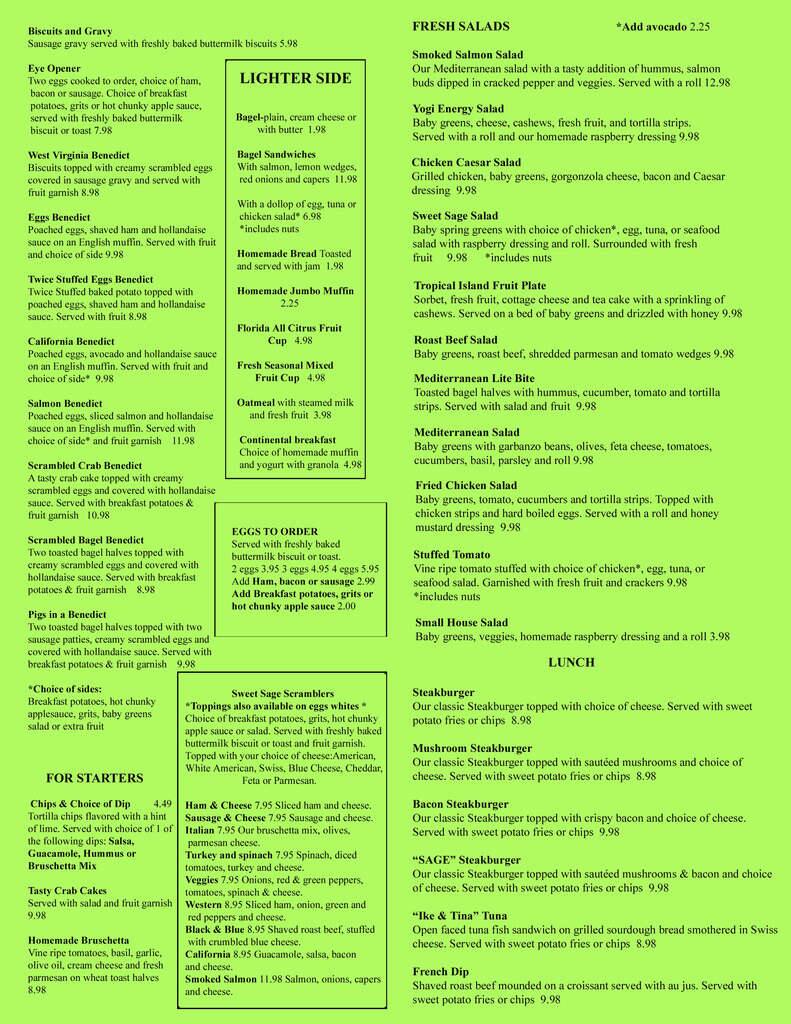 Menu at Sweet Sage Cafe, North Redington Beach