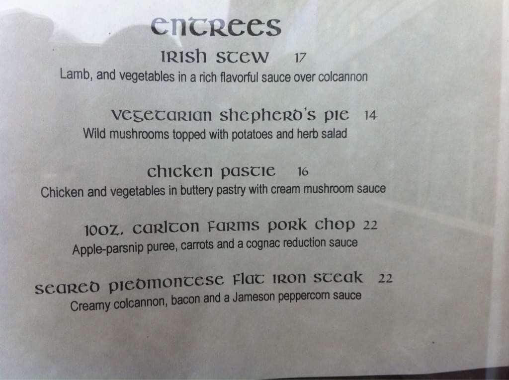 Menu at The Irish Table & The Sleepy Monk restaurant, Cannon Beach