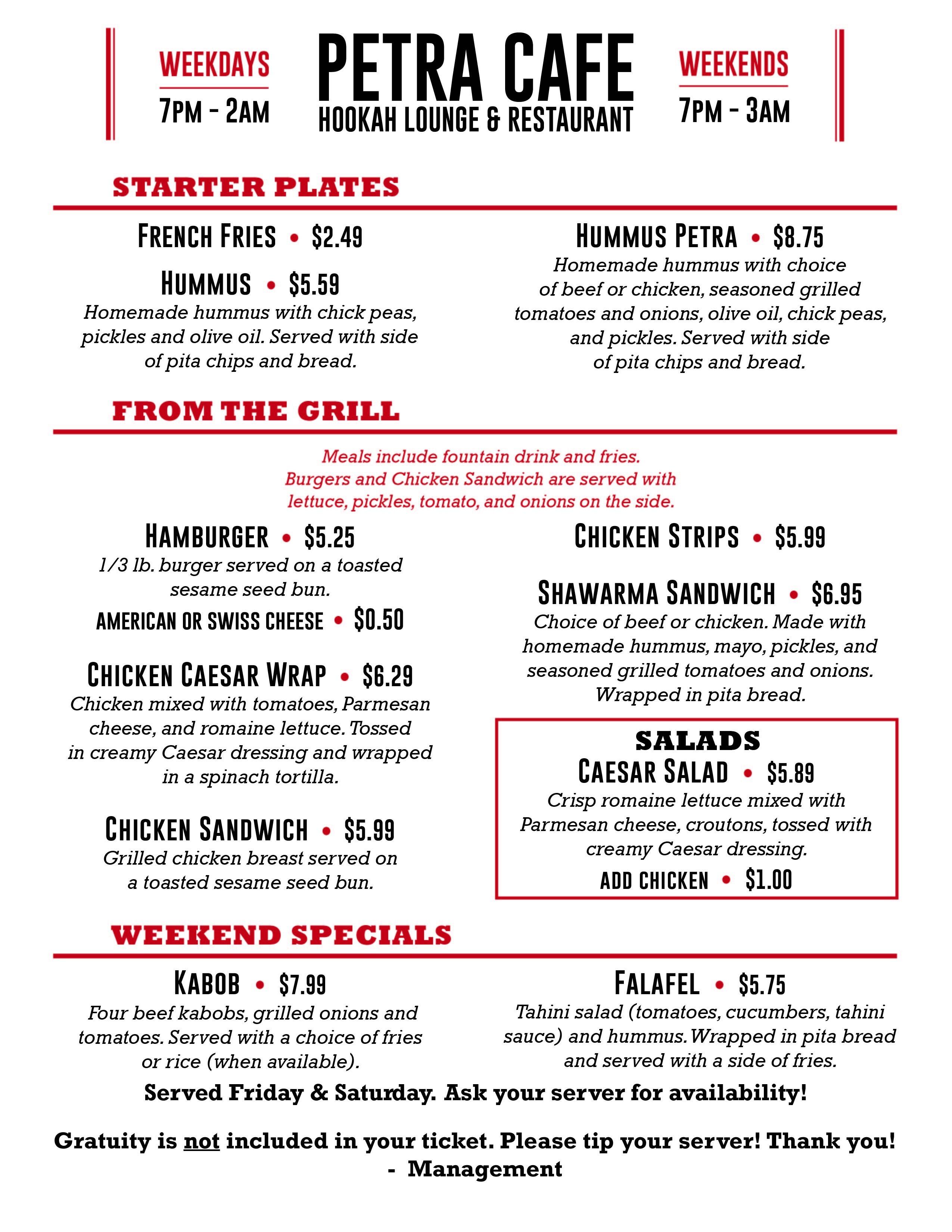 Menu at Petra Cafe Hookah Lounge, Wichita