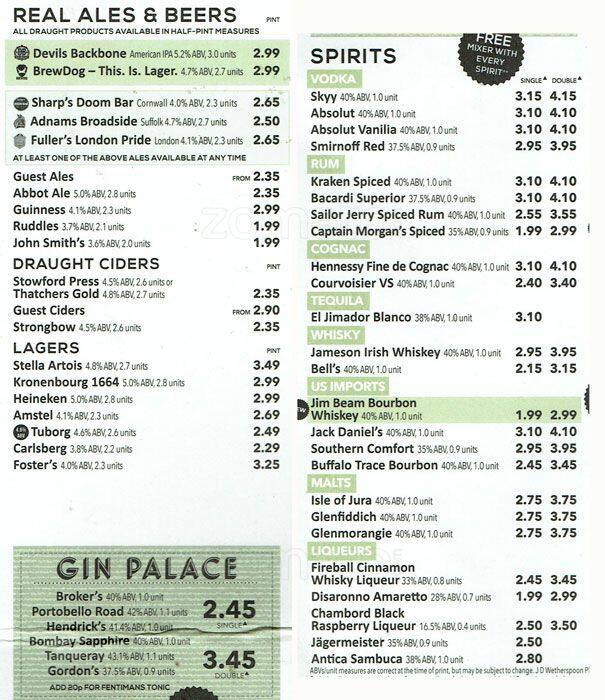 Menu at The Alfred Herring JD Wetherspoon pub & bar, London, 316322