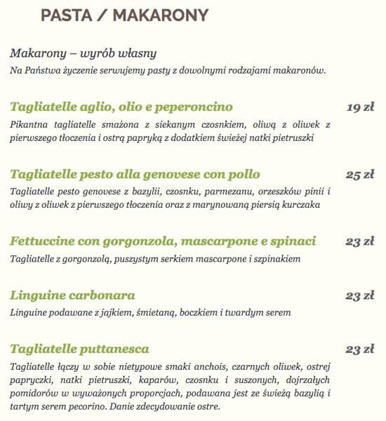 Menu at Restauracja Oliva Verde restaurant, Warsaw