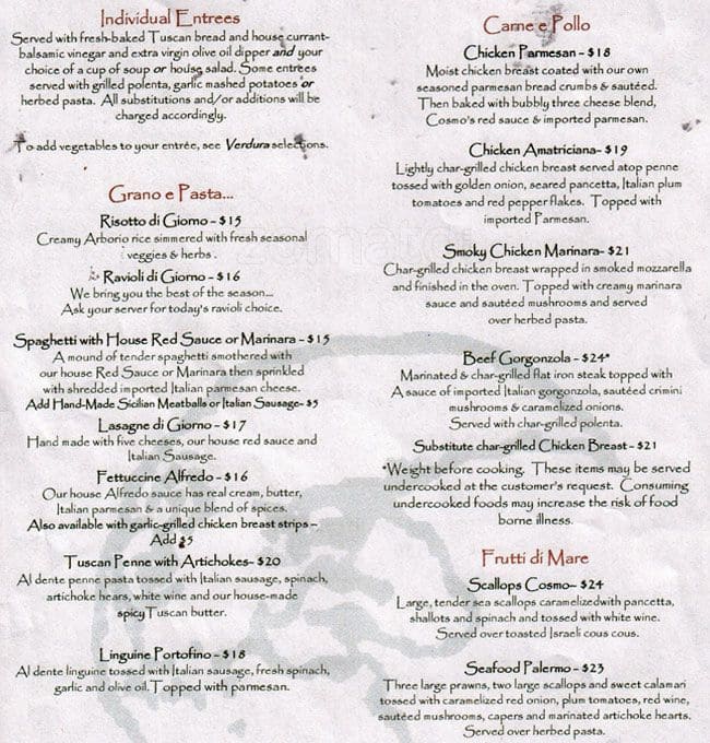Menu at Cosmo's restaurant, Port Orchard