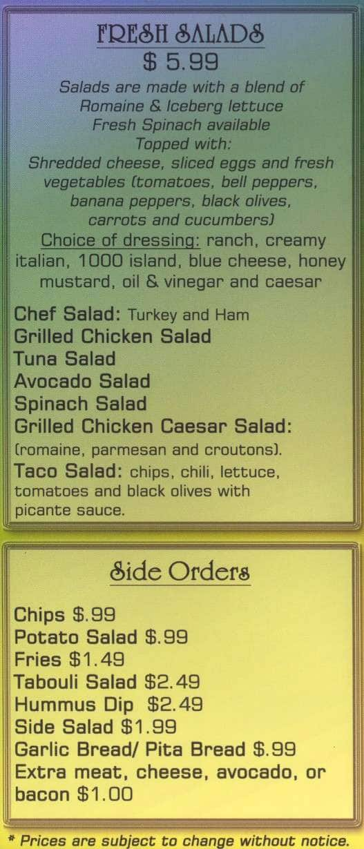 Bill & Ruth's Subs & Grill menu