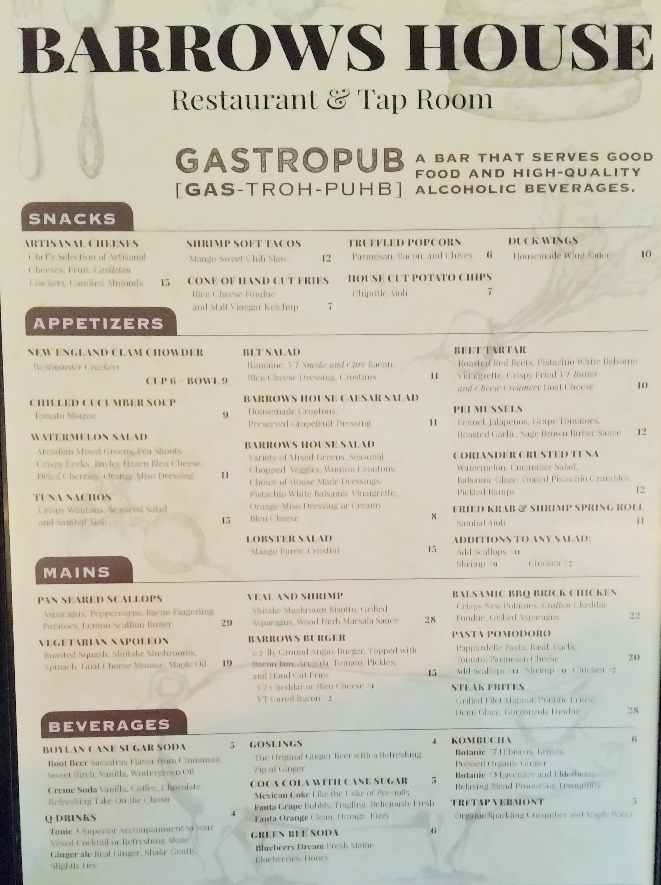 Barrows House Inn & Restaurant Menu Urbanspoon/Zomato