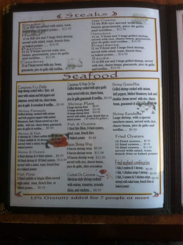 Menu at Pinto Bean restaurant, Edna