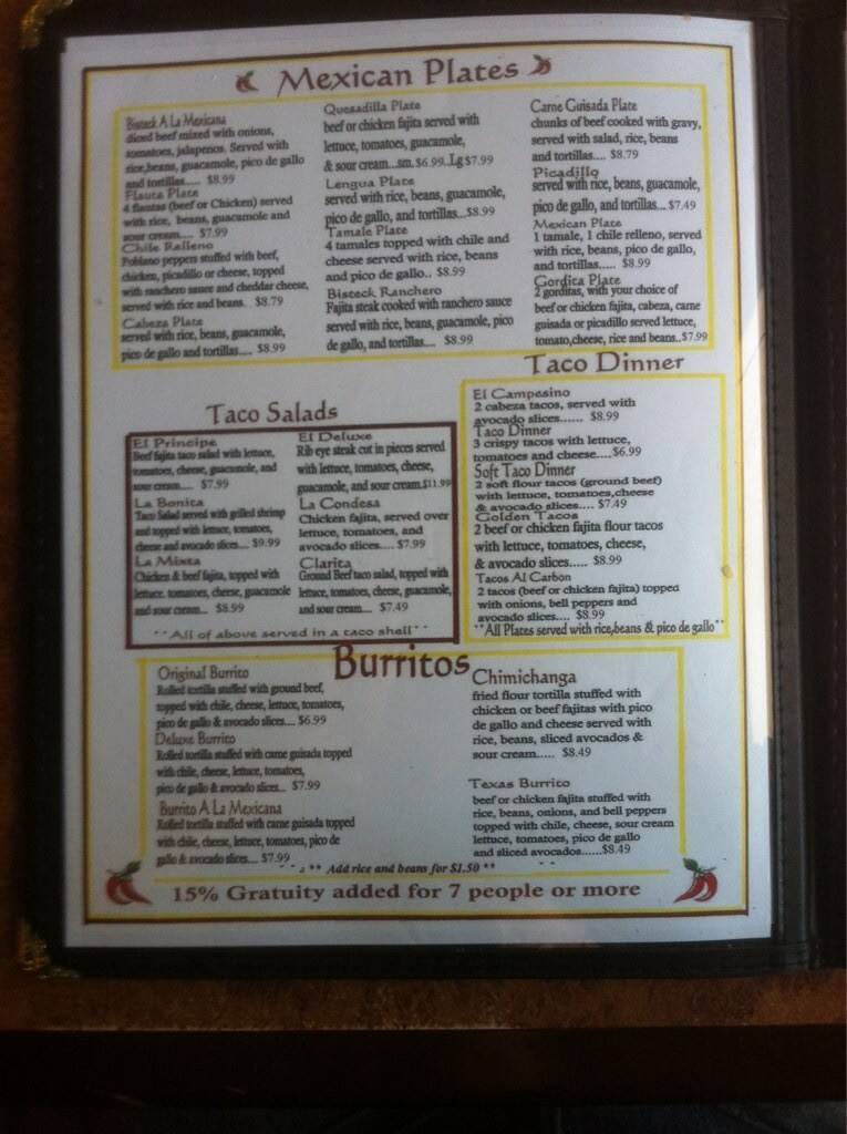 Menu at Pinto Bean restaurant, Edna