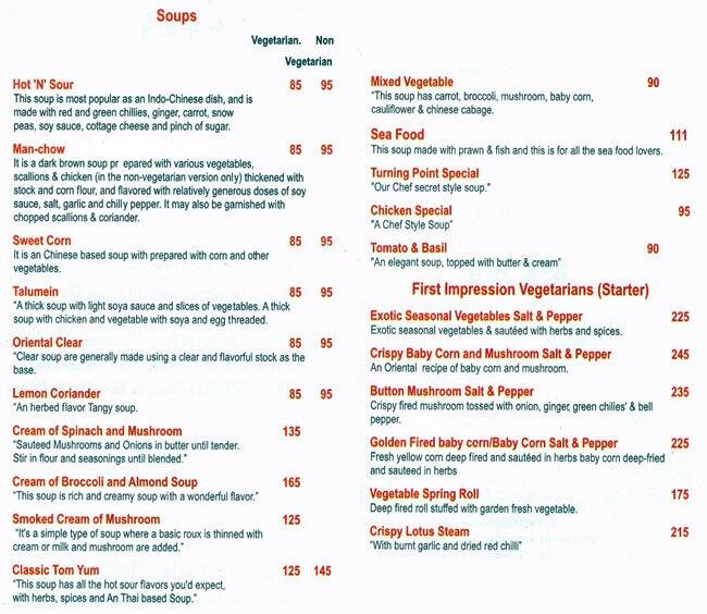 Turning Point Menu, Menu for Turning Point, Delhi Cantt., New Delhi