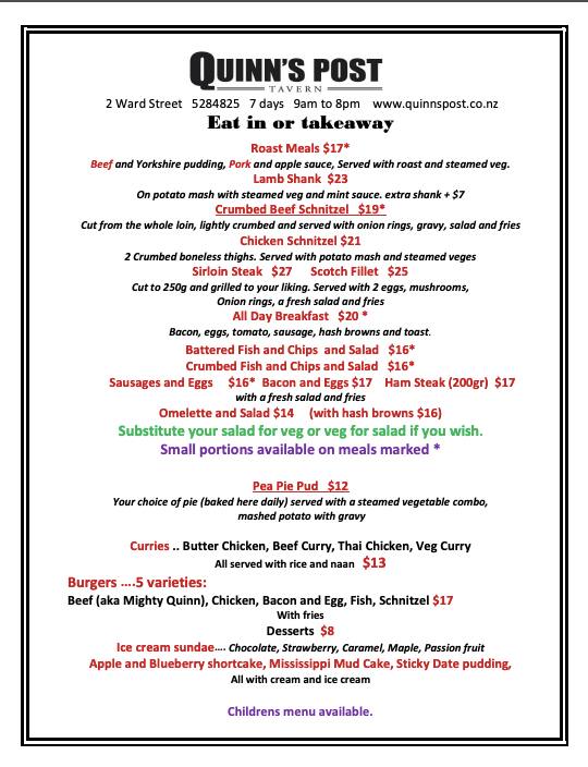 Menu at Quinns Post restaurant, Upper Hutt