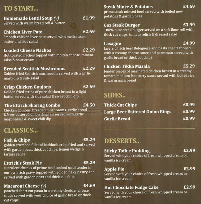 The Ettrick menu, Menu restauracji The Ettrick, Clydebank, Glasgow