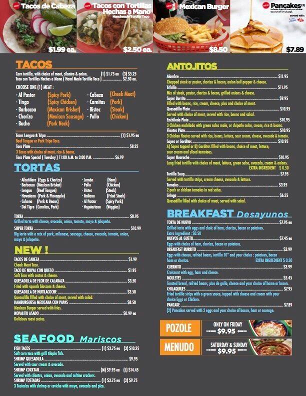 Menu at La Paloma Taqueria restaurant, Plano
