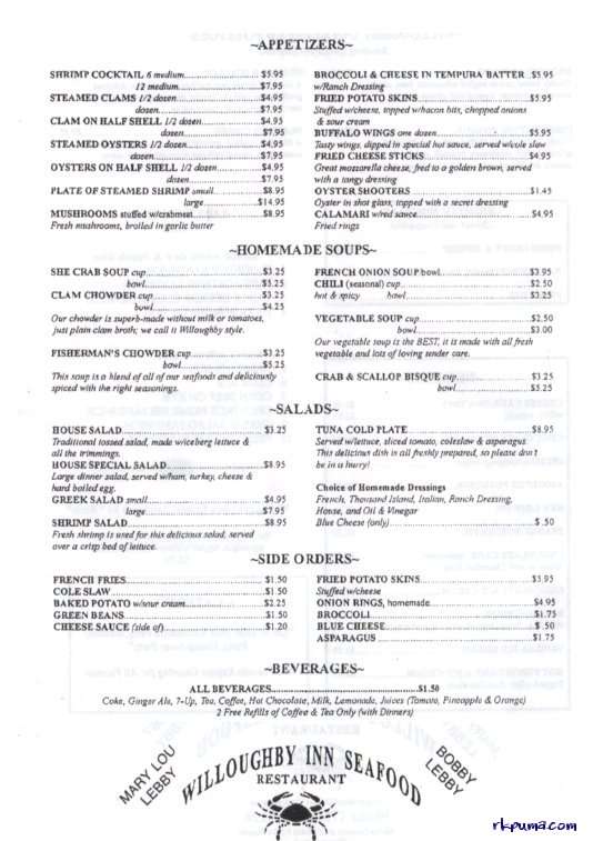 Menu at Willoughby by the Bay restaurant, Norfolk