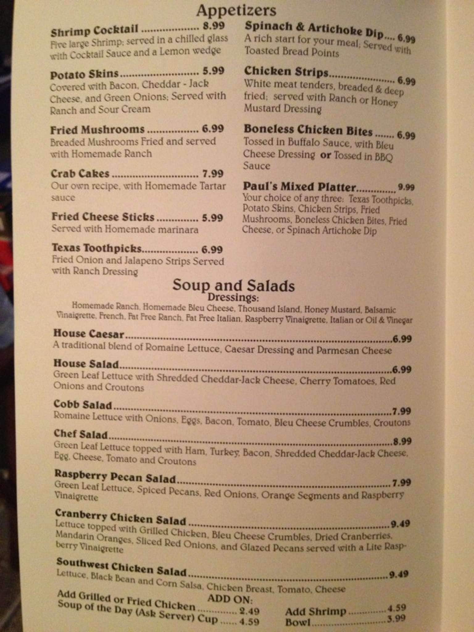 Menu at Paul's Place Steakhouse, Shawnee, 120 W MacArthur St suite 104