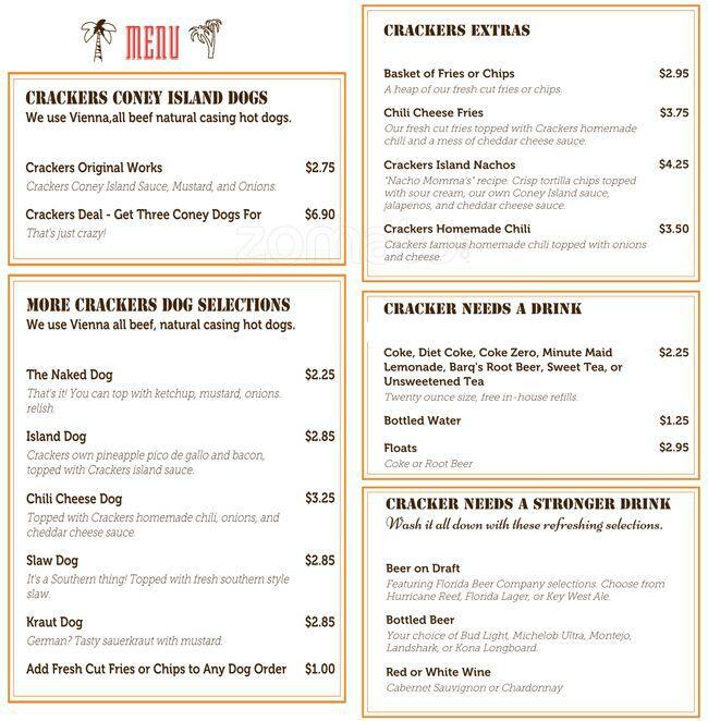 Menu at Crackers Island Grille restaurant, Cape Canaveral, N Atlantic Ave