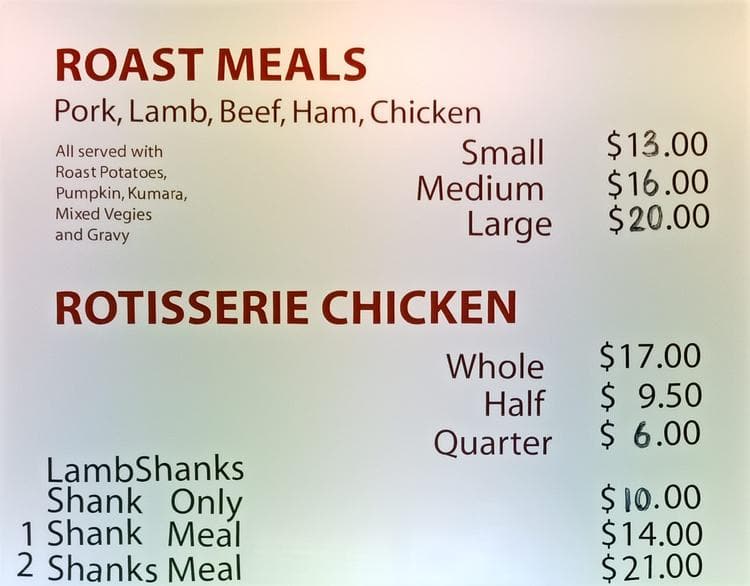 Menu at Birkenhead Roast restaurant, Auckland