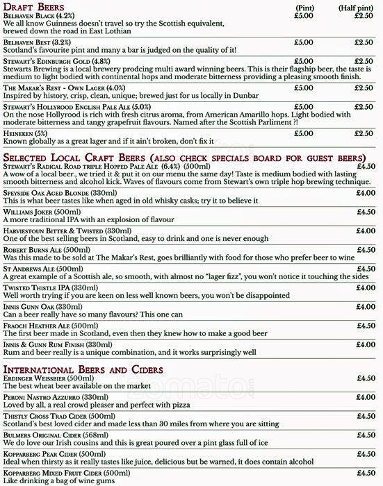Menu at Castle Cafe Bar, Edinburgh