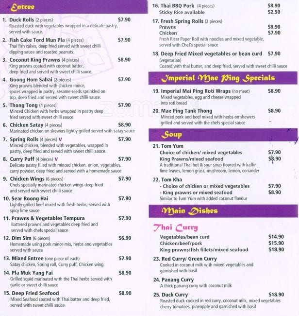 Thai Imperial Mae Ping Menu, Menu for Thai Imperial Mae Ping, Parkdale