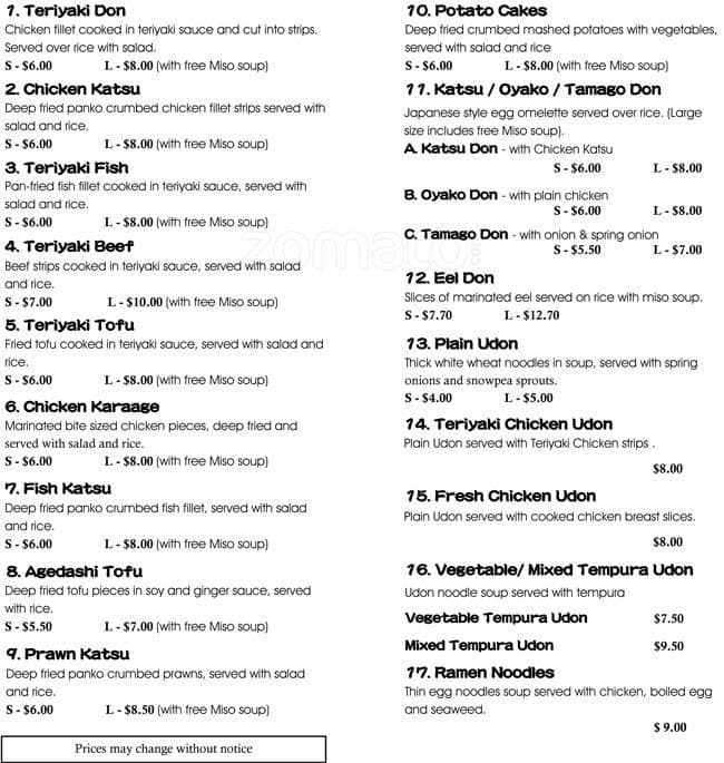 Taka Japanese Cuisine Menu, Menu de Taka Japanese Cuisine, Perth CBD