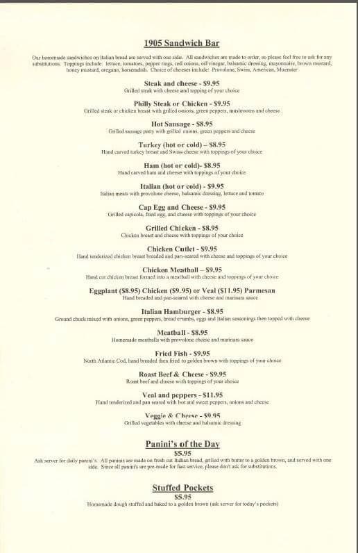 Menu at 1905 Eatery restaurant, McKees Rocks