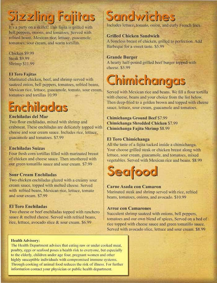 Menu at El Toro restaurant, Brownsburg, E Main St