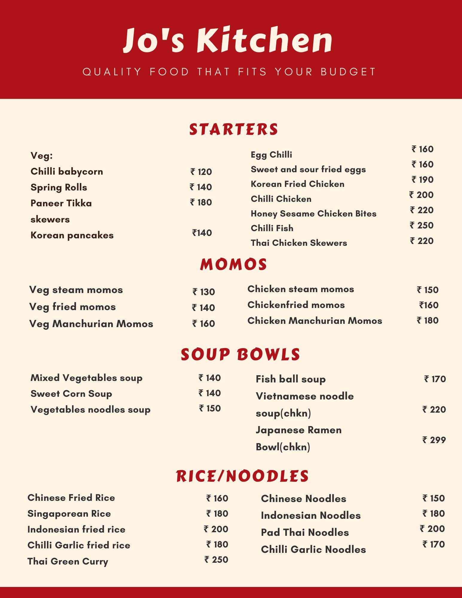 Menu of Jo's Kitchen, Wellesley, Kolkata