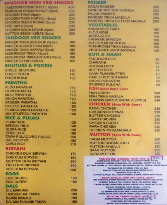 The Mysore Kadai menu
