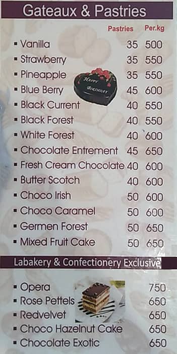 Menu at La Bakery, Chennai, No 66 A