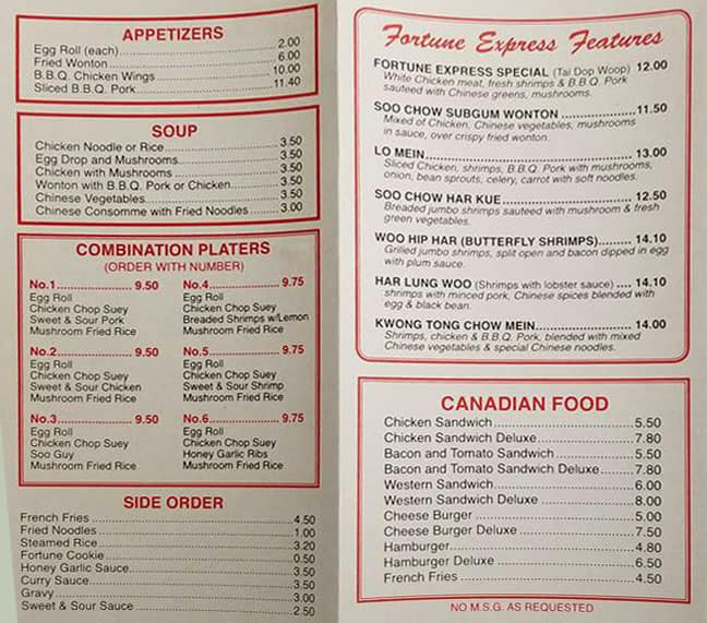 Menu at Fortune Express restaurant, ChathamKent