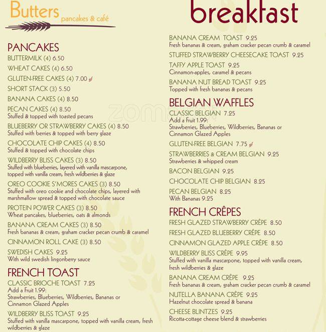 Butters Pancakes & Cafe Menu Urbanspoon/Zomato