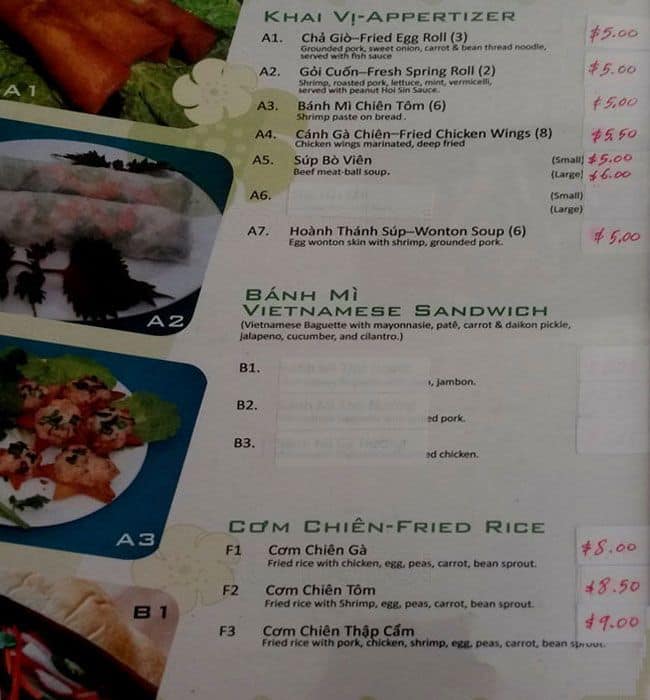 Menu at Pho Nguyen Vietnamese Noodle restaurant, Valparaiso