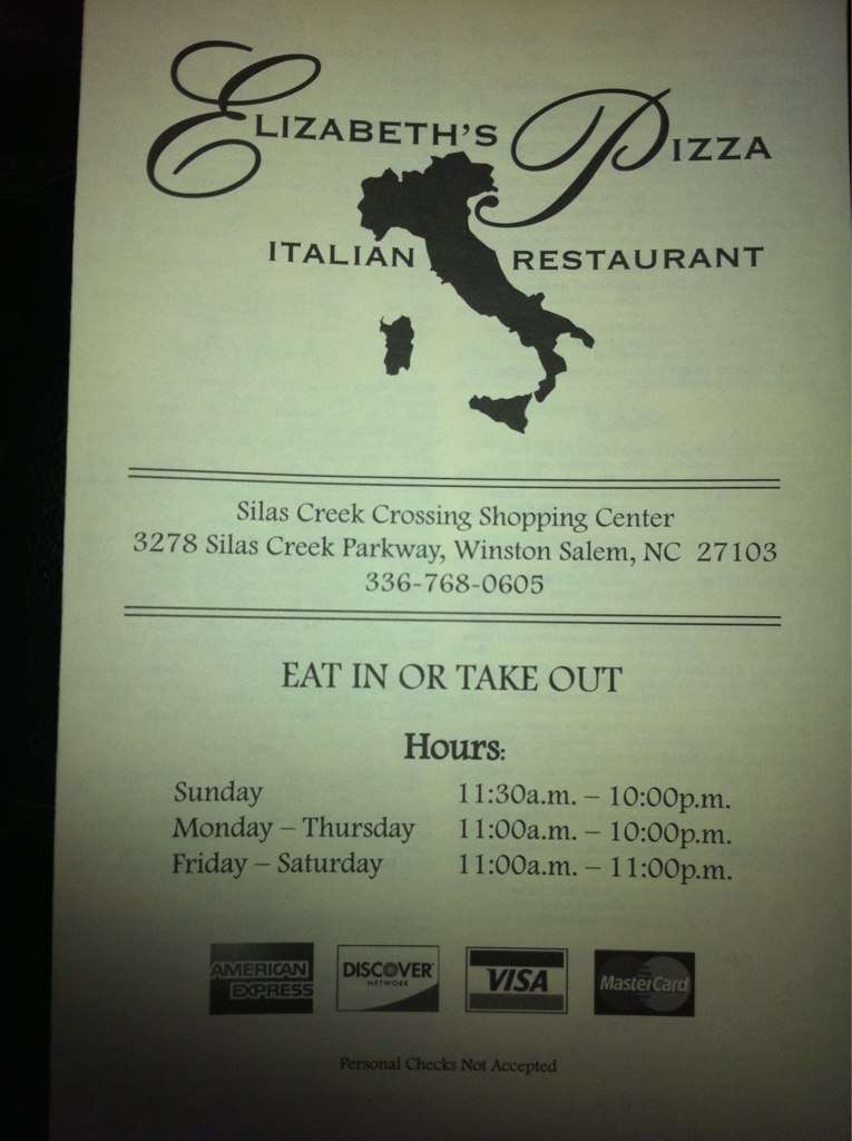 Elizabeth's Pizza Menu, Menu for Elizabeth's Pizza, WinstonSalem