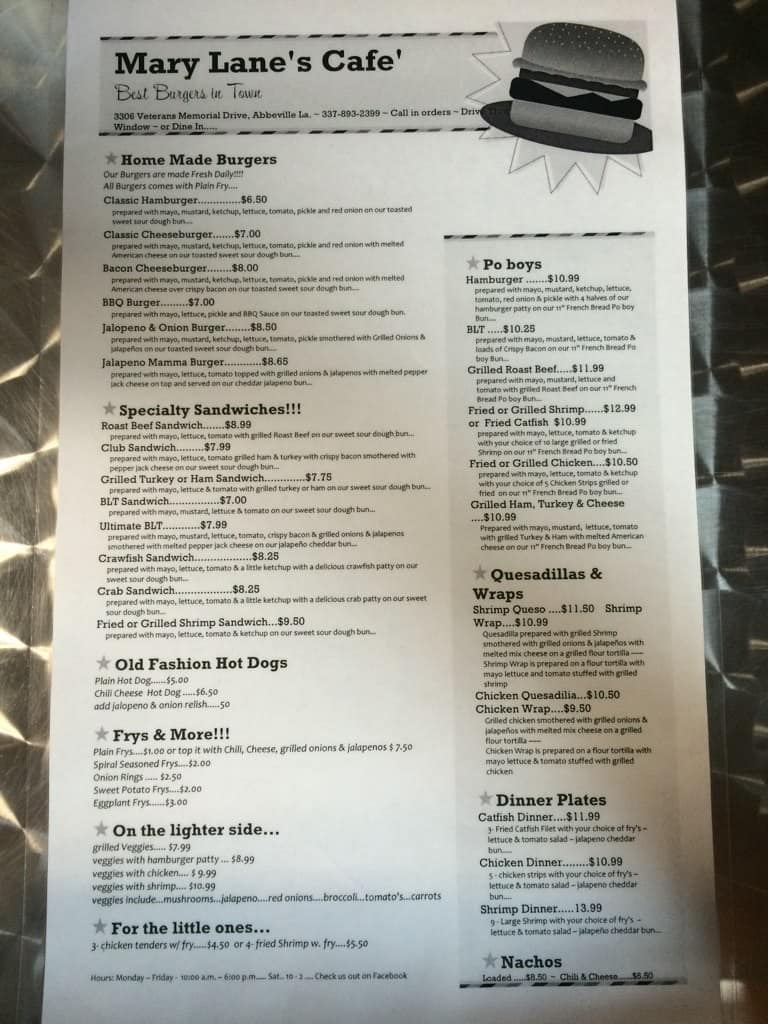 Menu at Mary Lane's Cafe, Abbeville, 100 Broadmoore Blvd