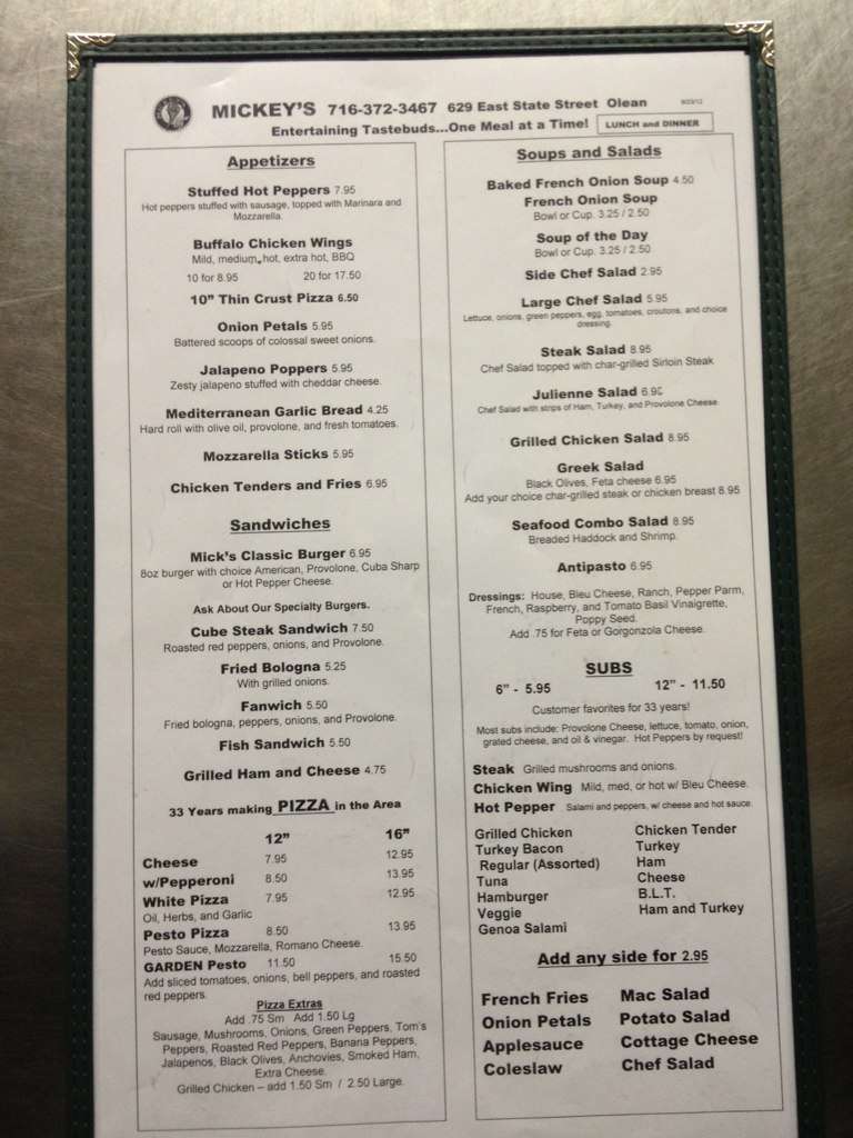 Menu at Mickey's pub & bar, Olean