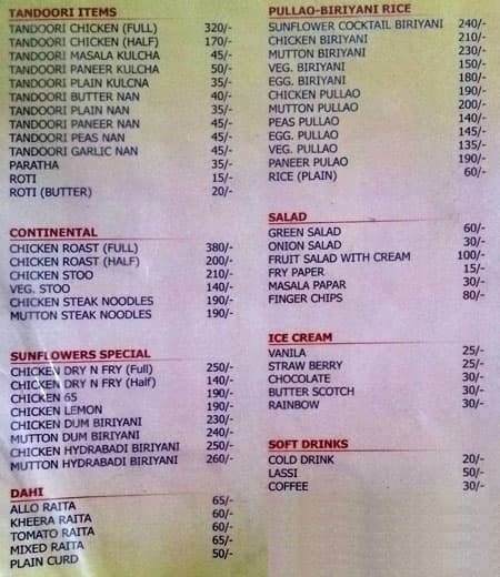 Sunflower Restaurant menu