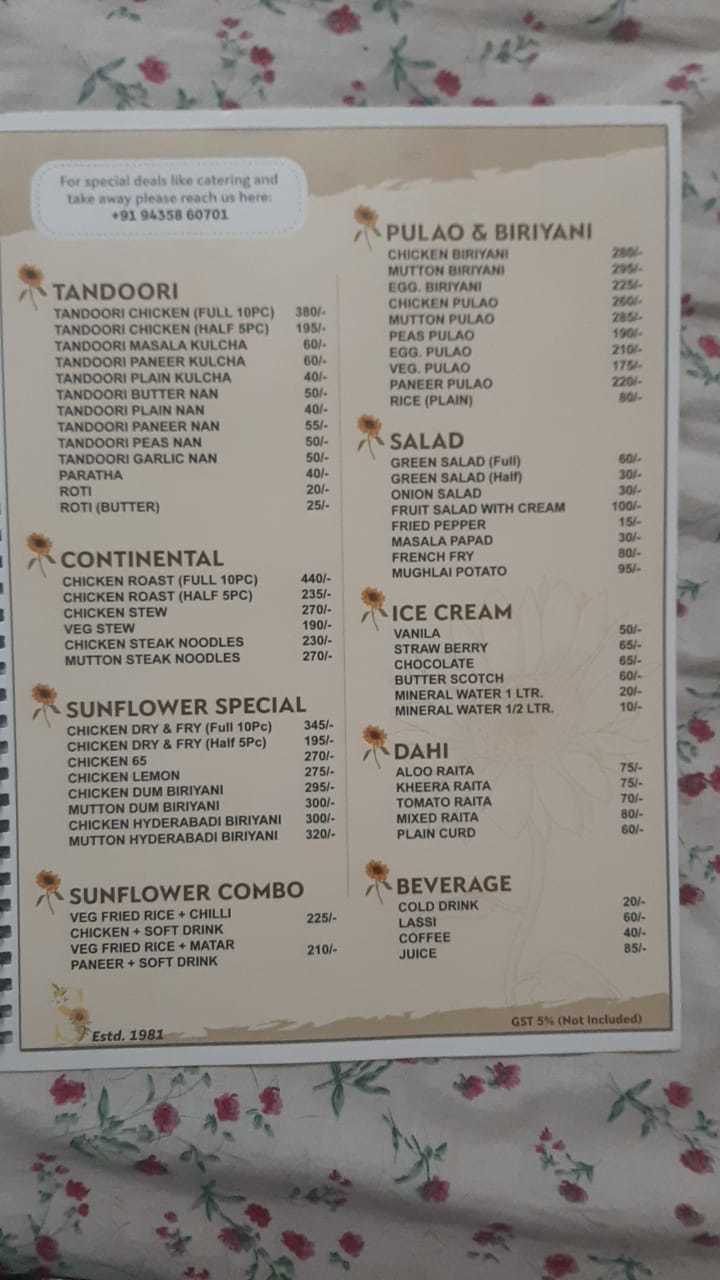 Sunflower Restaurant menu