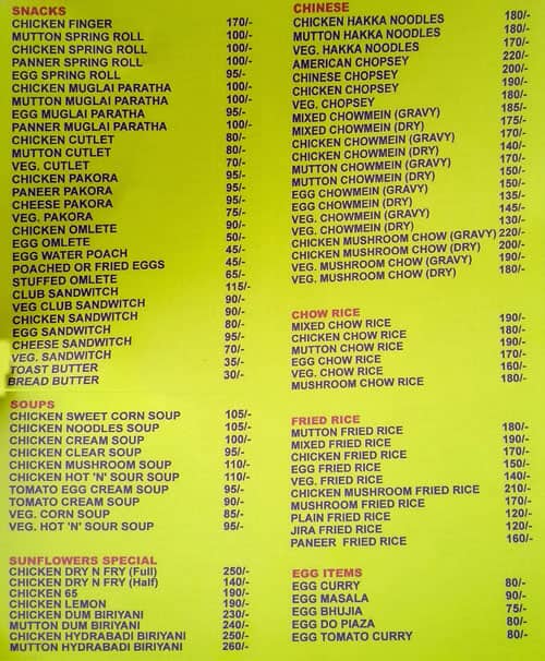 Sunflower Restaurant menu