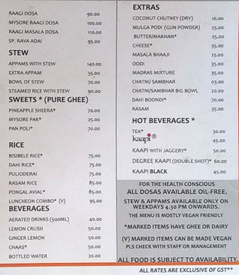 Cafe Madras menu