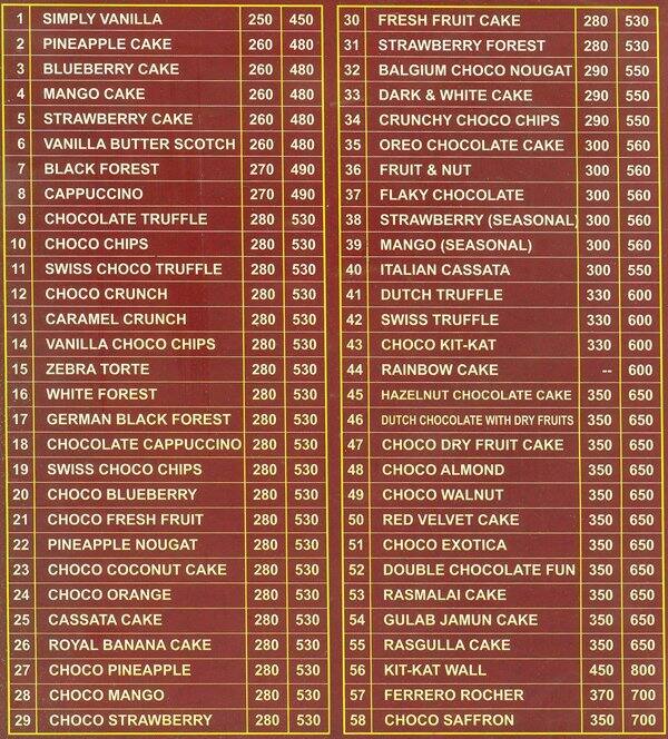 Occasion The Cake Shop menu, Menu restauracji Occasion The Cake Shop