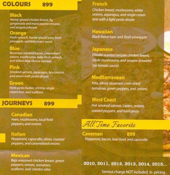 Menu at Steveston Pizza pizzeria, Makati