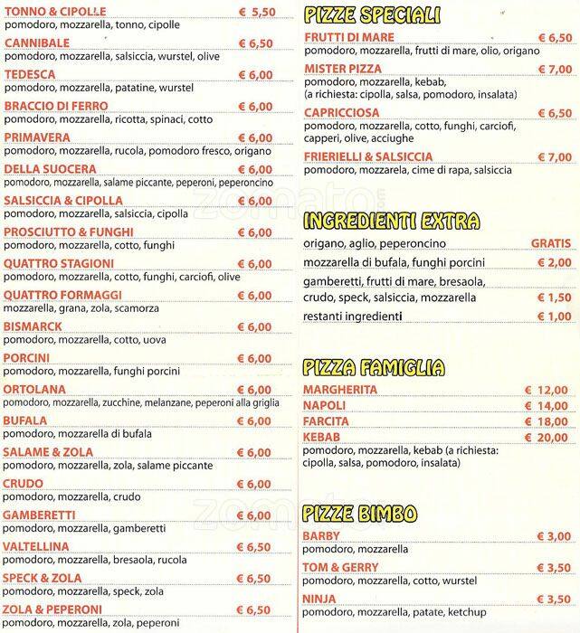 Menu di Mister Pizza 