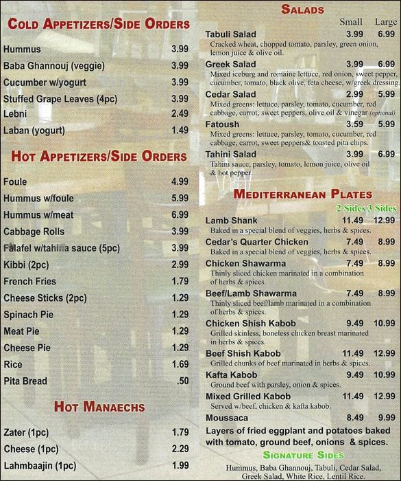 Cedars Mediterranean Grill Menü Urbanspoon/Zomato
