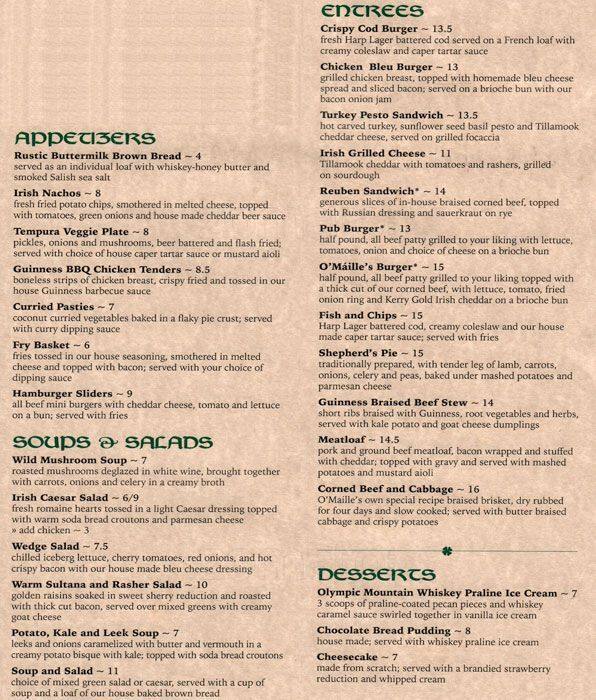 O’Maille's Irish Pub Menu - Urbanspoon/Zomato