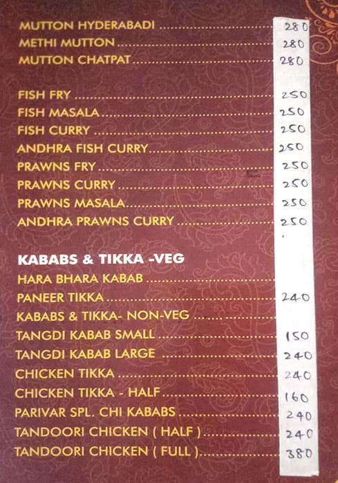 Sree Parivaar Restaurant menu