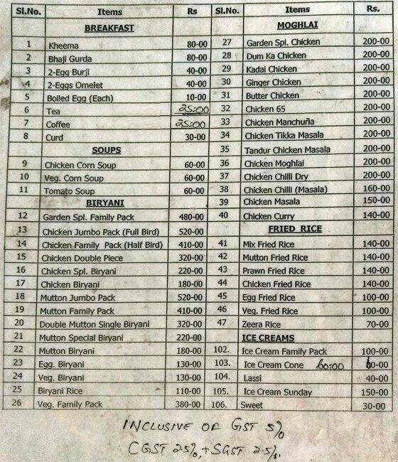 Garden Restaurant Menu, Menu for Garden Restaurant, S D Road