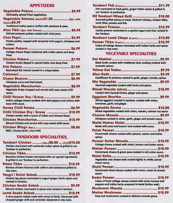 MJ Indian Cuisine Menu, Menu for MJ Indian Cuisine, White Rock, Metro ...