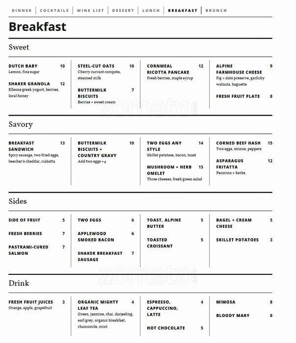 Shaker + Spear Menu, Menu for Shaker + Spear, Belltown, Seattle