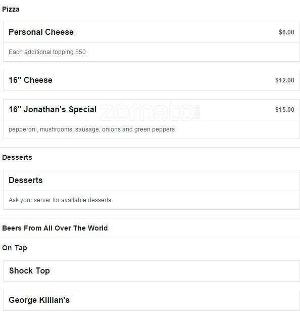 Menu at Jonathan's Publick House, Rockville
