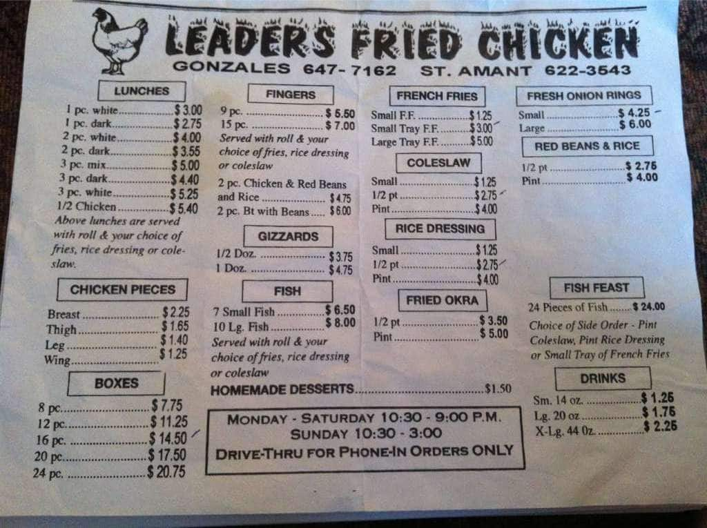 Menu at Leader's restaurant, Gonzales